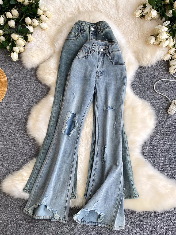 Retro high waisted ripped design denim micro flared pants women in spring 2026 slim fit and versatile casual trendy pants