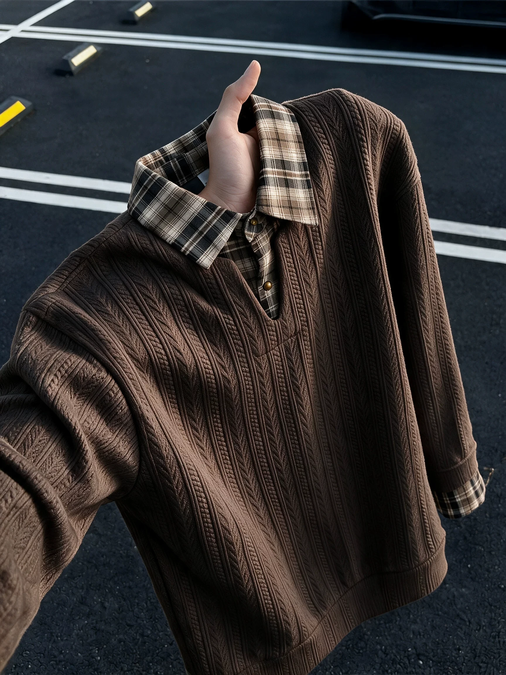 Autumn Plaid Shirt Collar Long Sleeve  Shirt Men's Fake Two-Piece Sweatshirt Grain Ear Pattern Casual Style Regular Fit