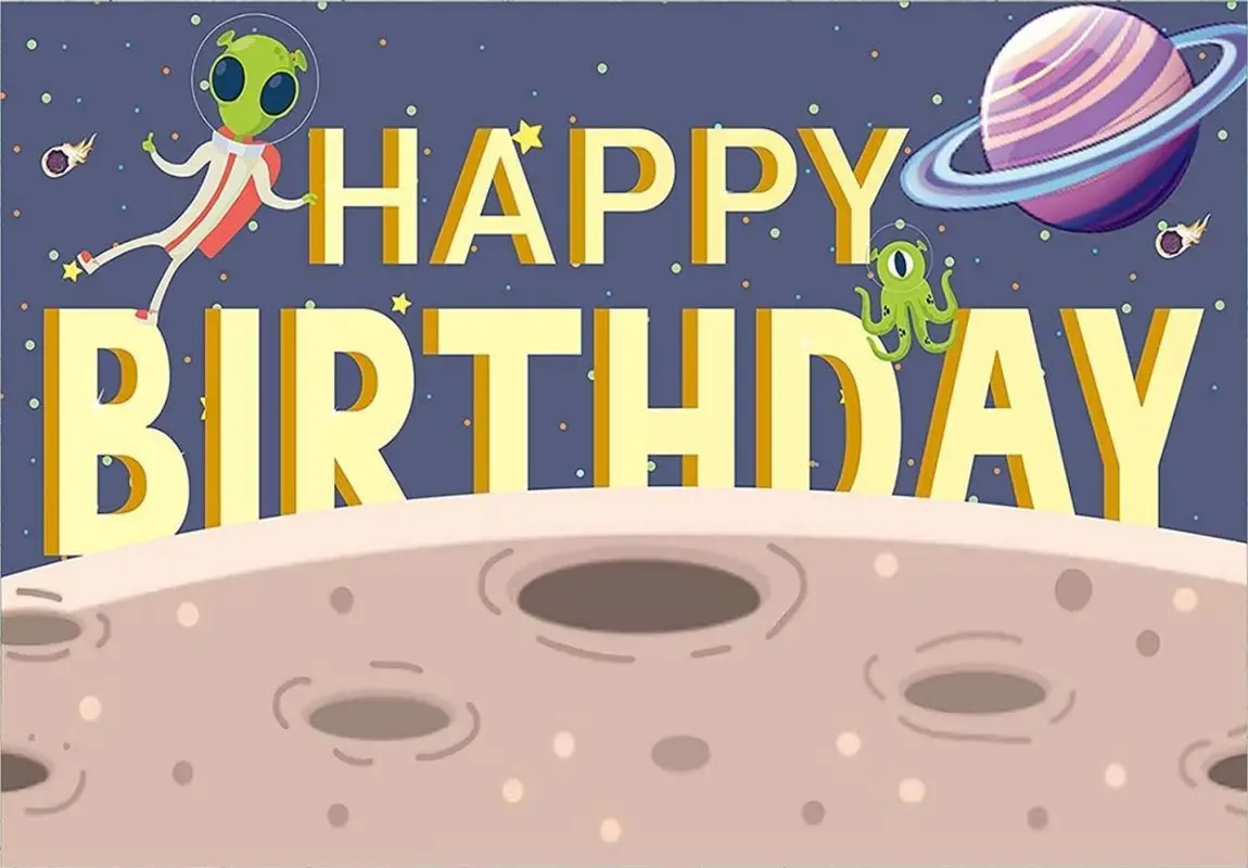 Alien Happy Birthday Party Banner Backdrop ET and UFO Photography Background Outer Space Invaders Decoration for Boys Girls Kids