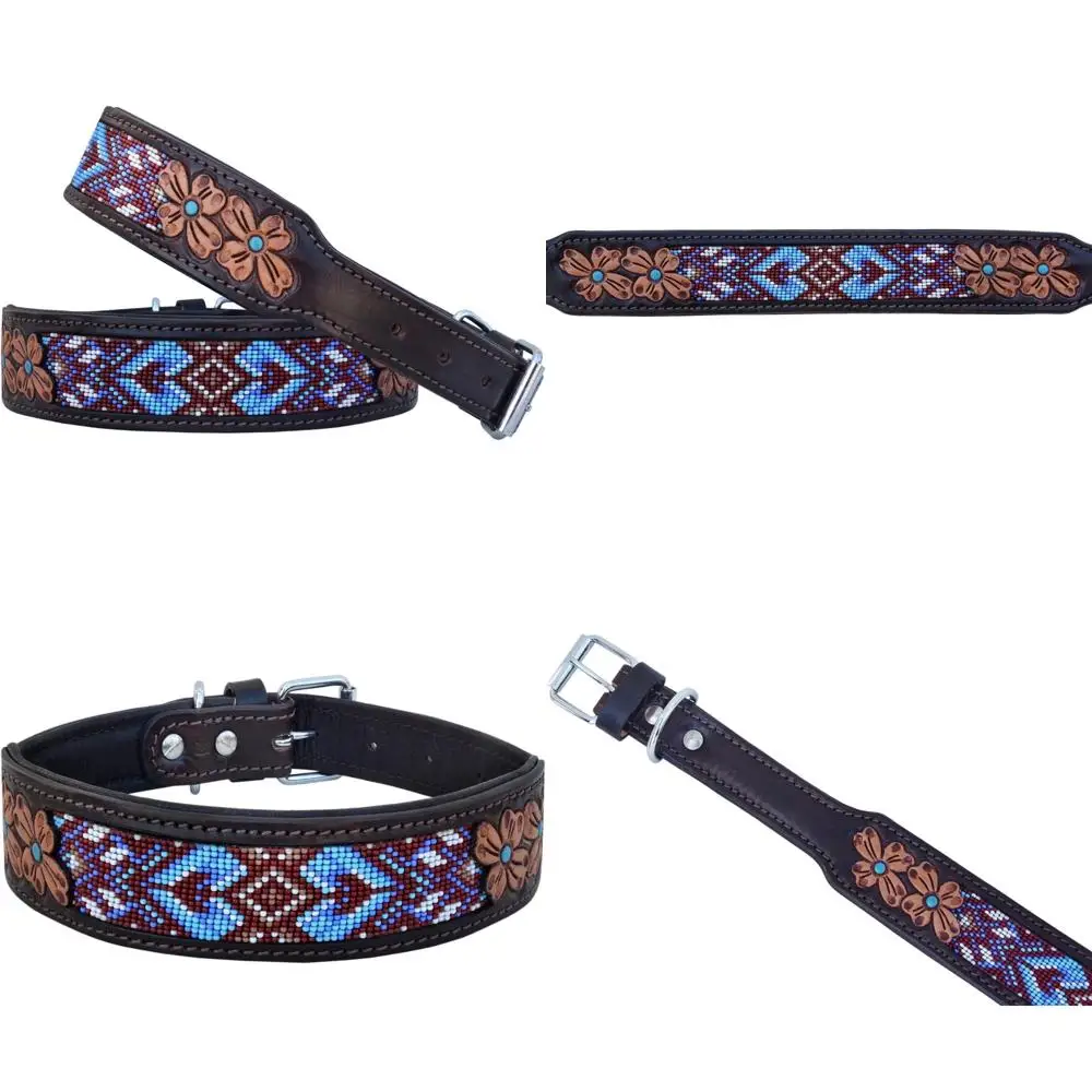 

Heavy-Duty Adjustable Leather Dog Collar - Large Size Western Style, Hand Tooled, Beaded & Padded for Puppies and Big Dogs