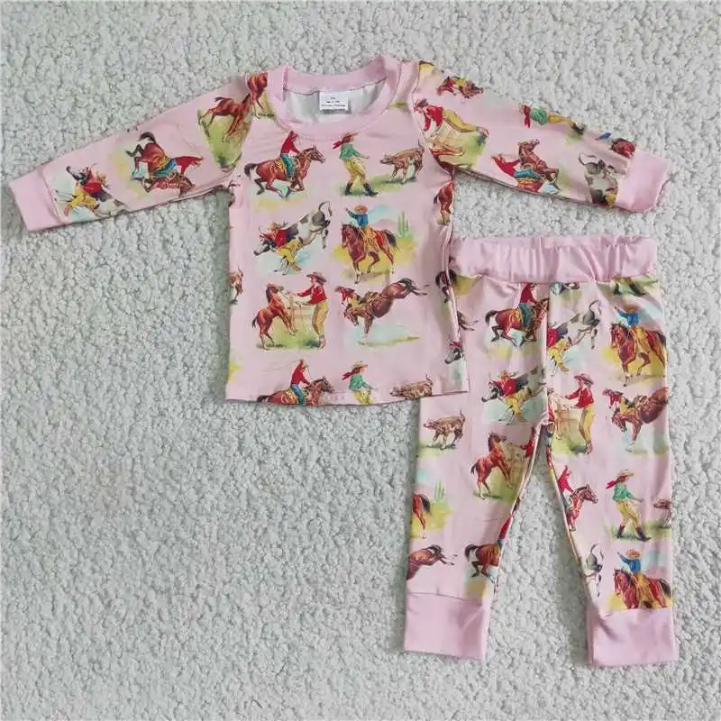 New Baby Girl Western Rodeo Horse Clothing Children Pink Long Sleeves Pants Sleepwear Set Wholesale Kid Outfit Toddler Pajamas