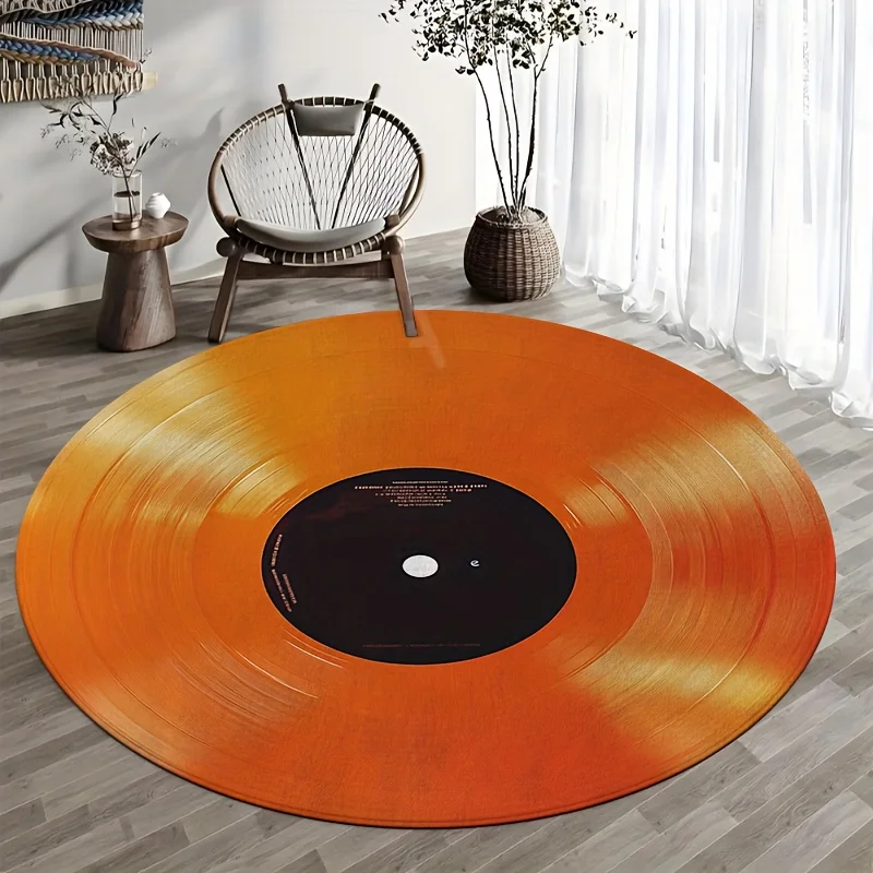 Trendy Aesthetic Orange Vinyl Record Design Round Area Rug for Living Room, Bedroom and Office Decor
