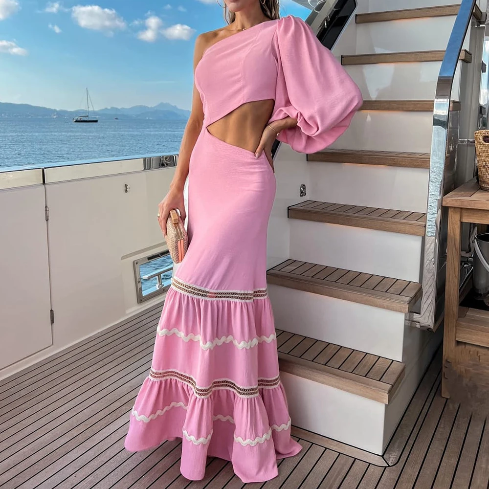 

Evening Dresses Elegant For One Shoulder Contrast Color Flare Sleeve Straight Floor Length Pleats Pink Bespoke Occasion Gowns