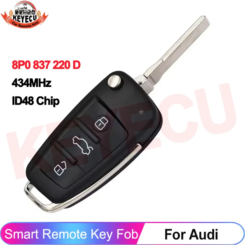 

KEYECU для Audi A1 A3 TT S1 S3 Q3 2005-2014 8P0837220D 434МГц ASK Пульт дистанционного управления для автомобиля с чипом ID48 8P0 837 220 D, выкидной ключ-брелок