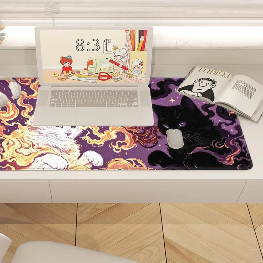 HYBXAXC Yin Yang Cosmic Cats  Mouse Pad  Black and White Cat Illustration Mouse Mat Magic Gothic Witchy Tarot Purple Night Sky