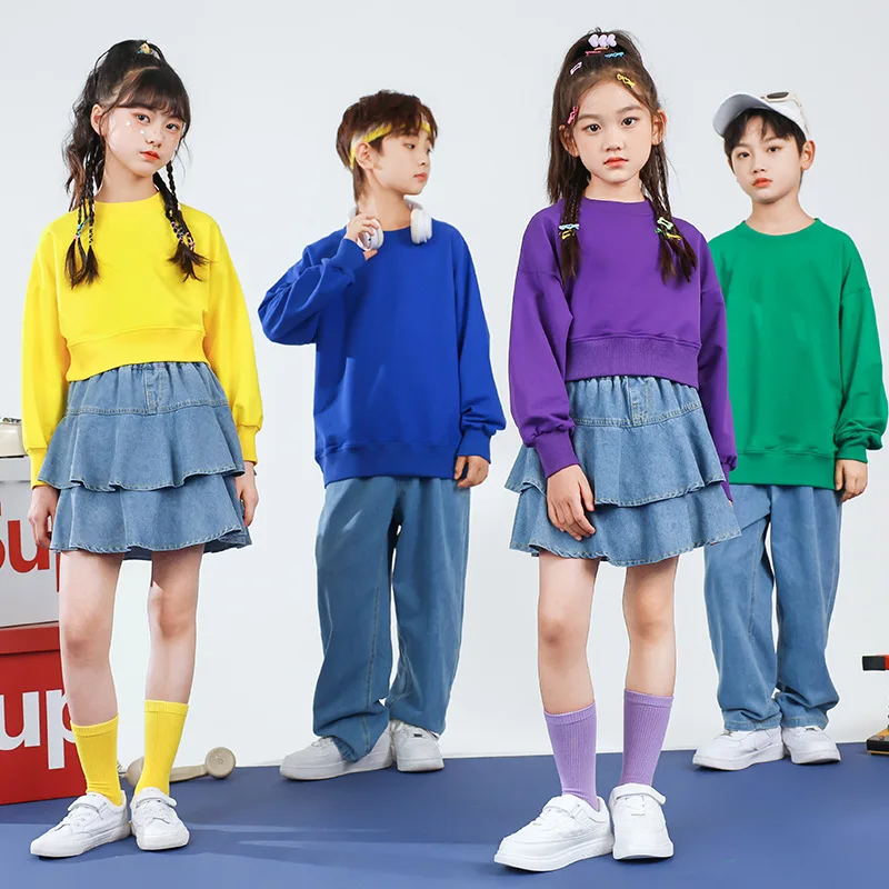 Kids Hip Hop Clothing Sweatshirt Tops Denim Skirt Pants for Girls Boys Streetwear Jazz Dance Costume Group Performance Clothes