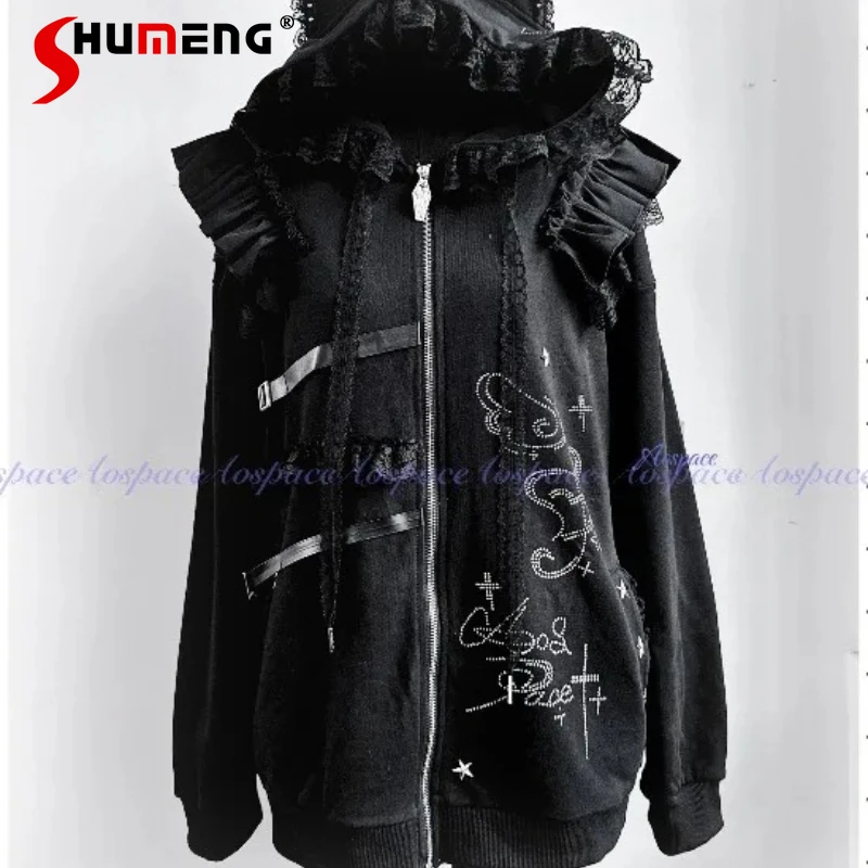 

Y2k Design Cartoon Cat-ear Rhinestone Lace Ruched Versatile Hooded Jacket Japanese Rojita Style Zipper Sweatshirt Coat Ladies