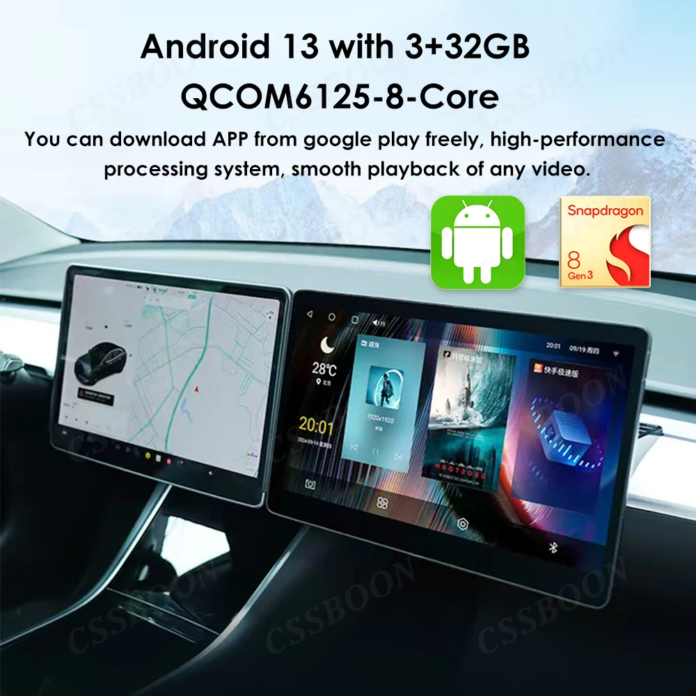 CSSBOON Per Tesla Modello 3 Y Highland Passeggeri Intrattenimento Schermo 3 + 32GB Supporto Carplay Android 13 Gioco Lettore multimediale Display