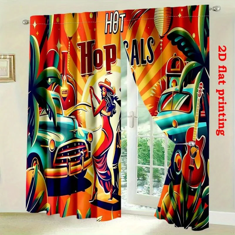 Vintage Hot Salsa Curtain Retro Latin Dance Classic Car Print Drape, Colorful Music Party Window Treatment for Living Room Decor