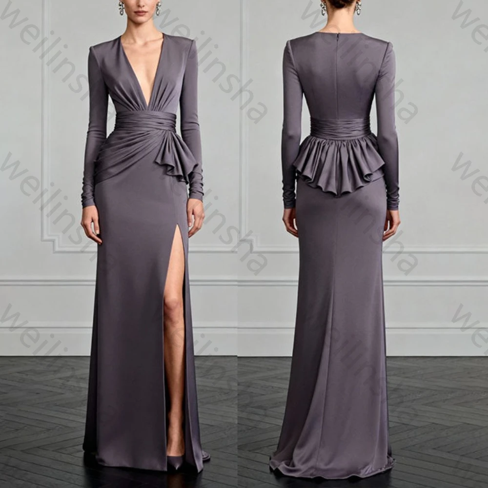 

Elegant Deep V-Neck Flared Long Sleeves Floor Length Evening Dresses Fishtail Mermaid High Quality Prom Party Gowns Customized