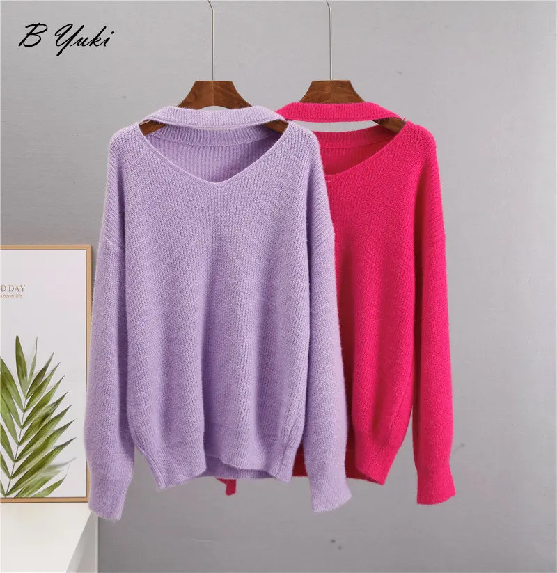 Blessyuki Soft Imitation Mink Down Knitted Sweaters Women Basic Loose V Neck Lazy Pullovers Ladies High Quality Warm Chic Jumper