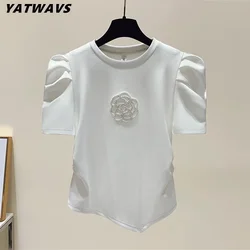 2024 New Summer European Clothes Cotton T-Shirt Fashion Sexy Flower Beading Women's Tops Short Sleeved All Match Tees Blusas