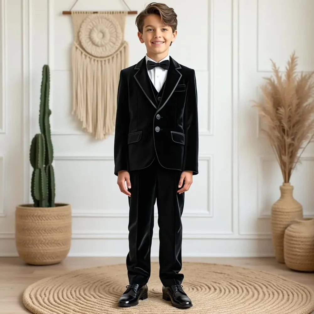 Fashion Velvet Boy Suits Black Notch Lapel Single Breasted Children 3 Piece Sets High-end Party Wedding Formal Kids Clothes