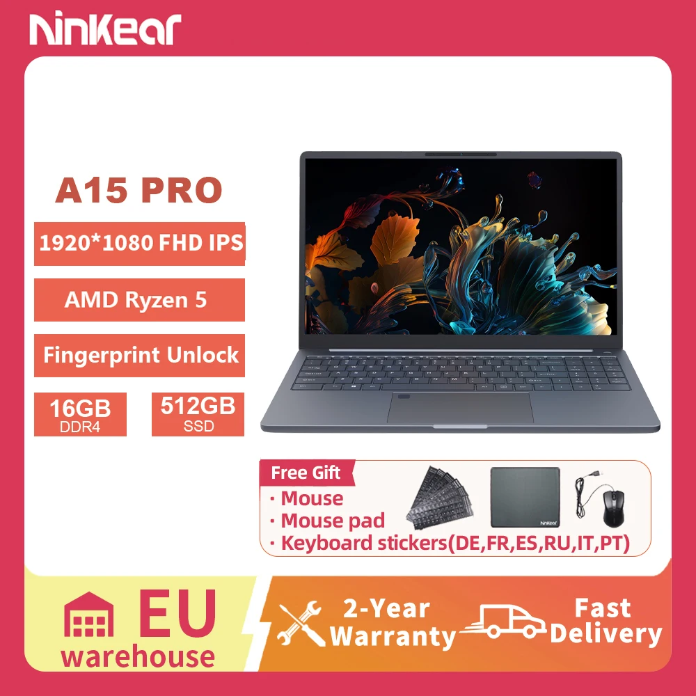 Laptop Ninkear A15 Pro 15.6 Cala FHD IPS AMD Ryzen 5 16GB RAM 512GB SSD Windows 11 Pro Office Notebook Czytnik Linii Papilarnych do Biura Student Multimedia