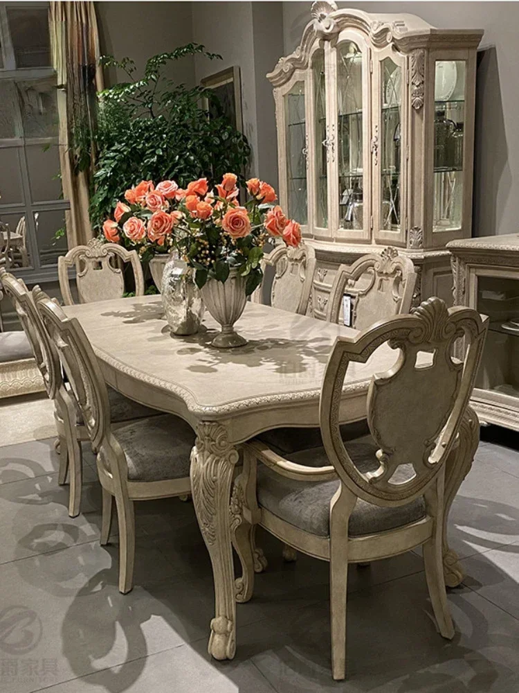 

American Light Luxury Renaissance Mark Solid Wood Rectangular Dining Table French Country Retro Distressed Carved Art Furniture