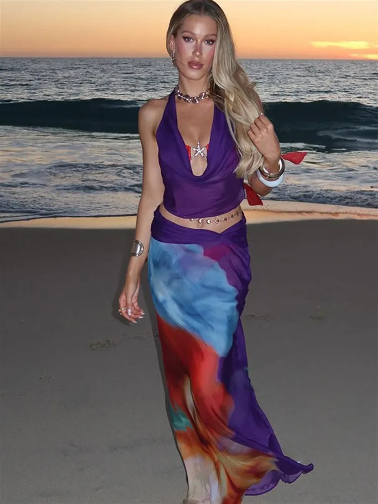 

Сексуальный комплект из двух предметов с прозрачным сетчатым принтом, женский укороченный топ на бретельках с лямкой на шее, облегающая длинная юбка, пляжная одежда, наряд для летних каникул