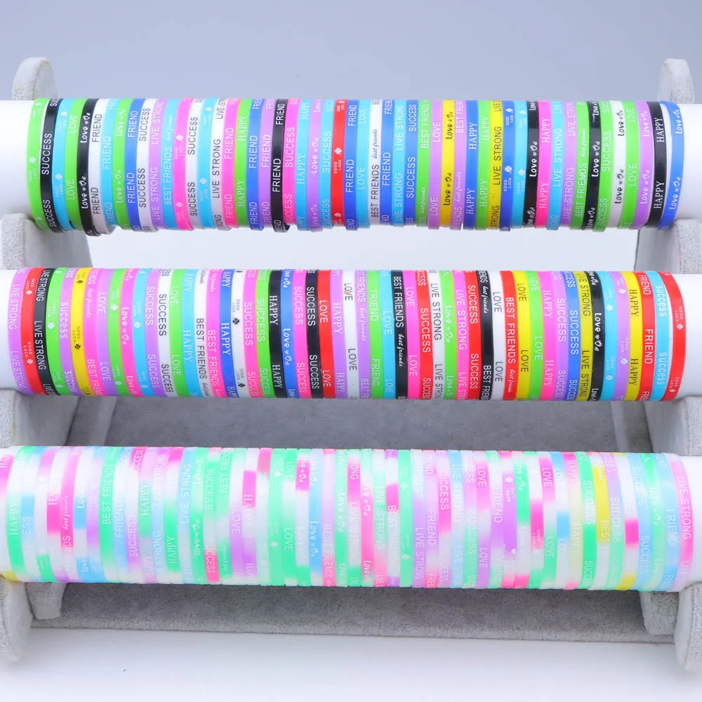 50/100/200Pcs/Lot Fashion Leisure Letter Glow Elastic Silicone Bracelet For Women Mix Color Jewelry Party Accessories Wholesale