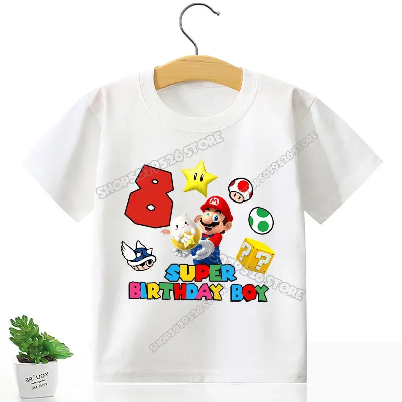 Super Marios Number T Shirt for Boy Birthday Clothes Mario Bros Kids Cotton Tees Tops Game Cartoon Summer Digital Baby Tee Shirt