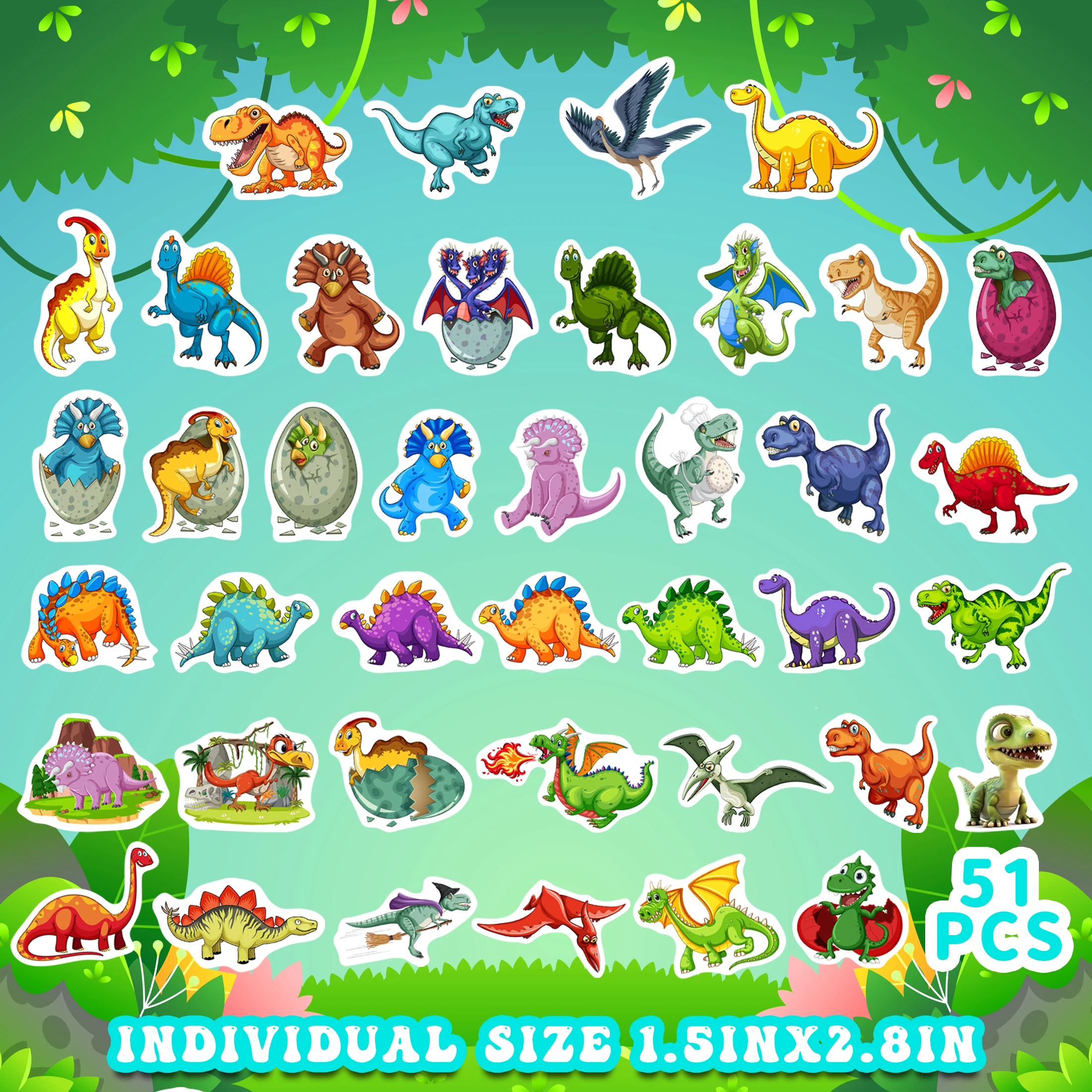 50 Pcs Glow-in-the-Dark Watercolour Dinosaur Stickers, Cartoon Fun Self-Adhesive Waterproof Stickers, Water Bottle Stickers