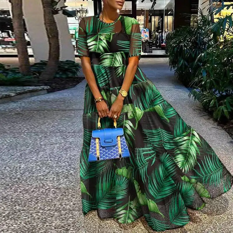 جديد بوهو نمط المرأة عادية خمر Ing نمط مطبوعة فستان ماكسي سيدة قصيرة الأكمام عالية الخصر فساتين فضفاضة