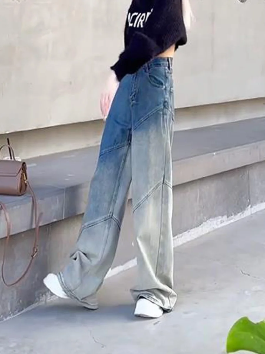 

Fall 2024 Women's High Waist Wide Leg adient Denim Jeans Loose Fit Color Blo Faion Straight Leg Pants Slimming Effect
