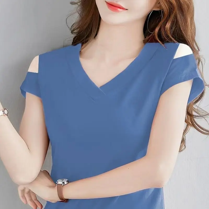 Short Sleeve Summer Thin T-Shirts Loose V-neck Pullovers Solid Simplicity Office Lady Elegant New  Casual Women's Clothing 2023