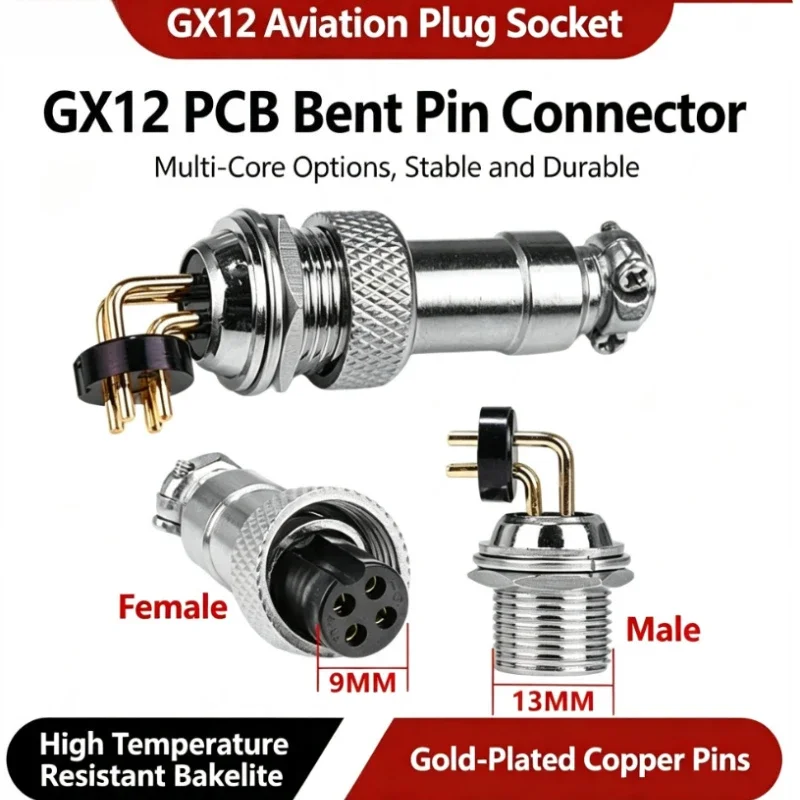 2/3/4/5/6/7 Pin GX12 M12 PCB Bent Pin Aviation Connector, Gold-Plated Copper 90 Degree Solder Board Plug Socket