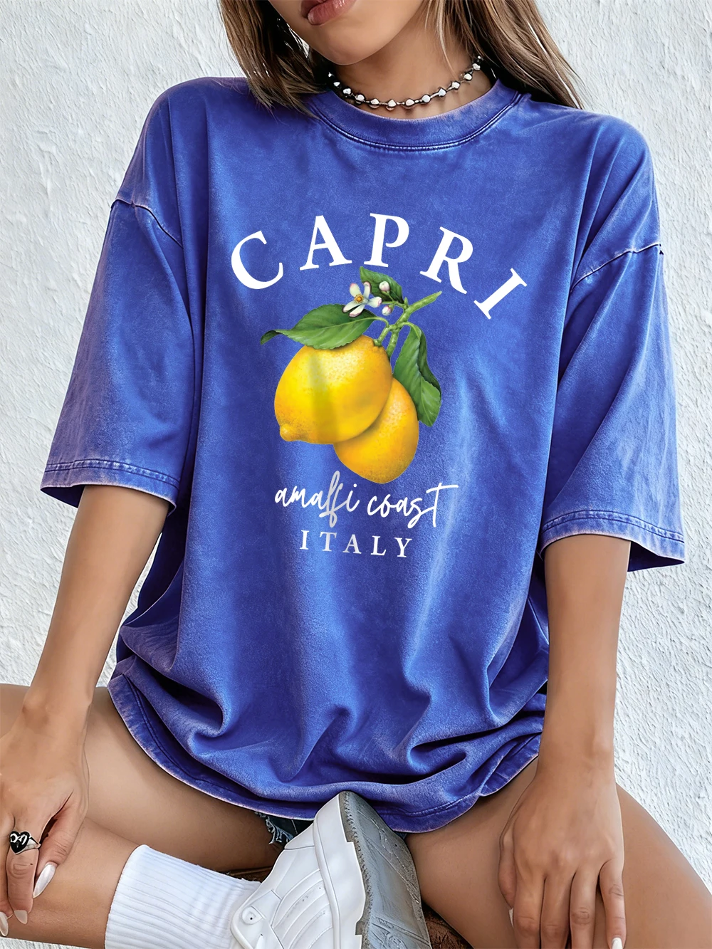 Capri Amalfi Coast Italy Lemon Washed T-Shirts Damen Baumwolle Kurzarm Tops Sommer O-Ausschnitt Übergroßes T-Shirt Freizeitkleidung