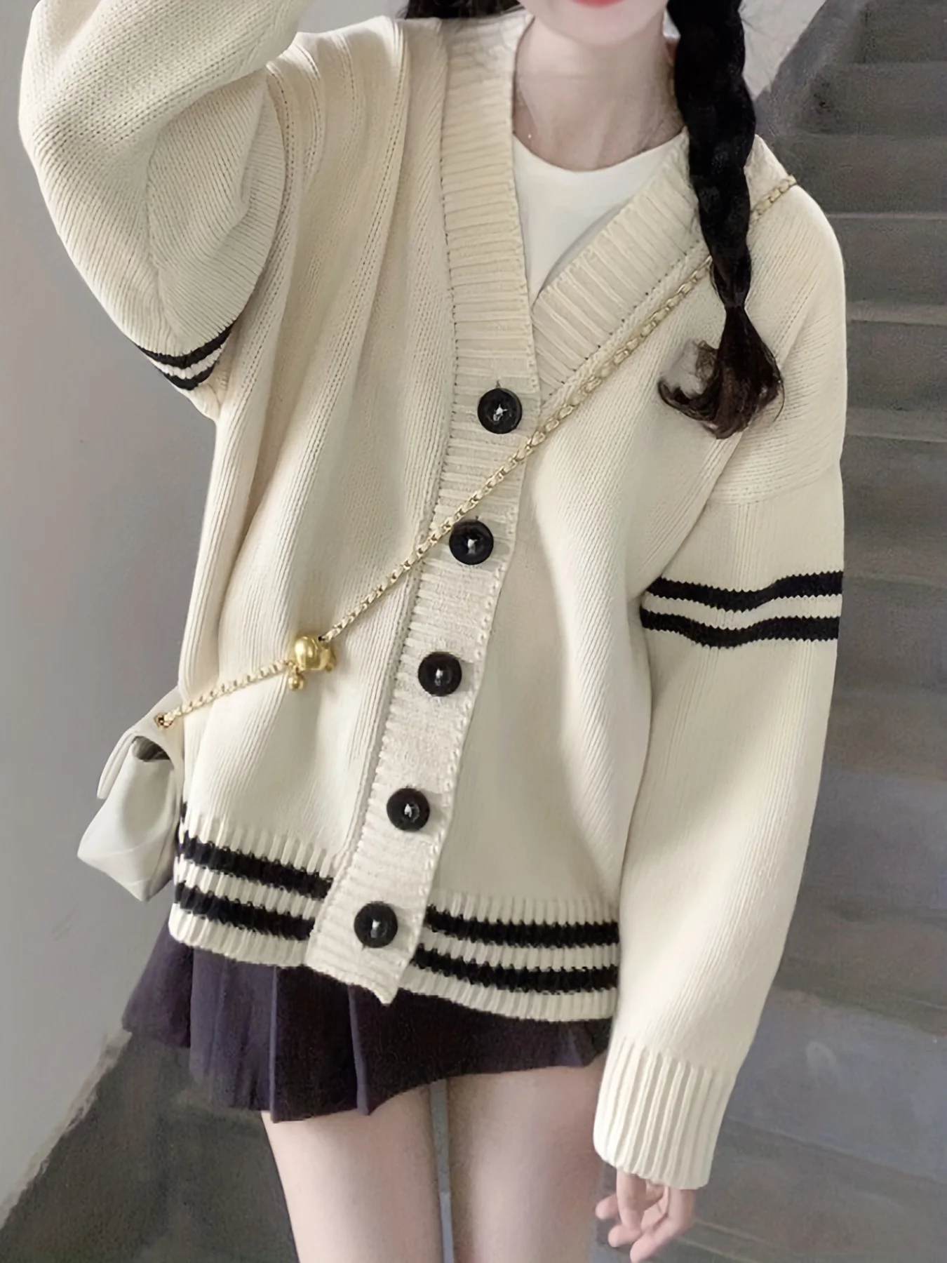 Female Lazy Vintage Striped Loose Cardigan Sweater Women\'s Korean Kawaii Single Breasted V Neck Knit Cardigan