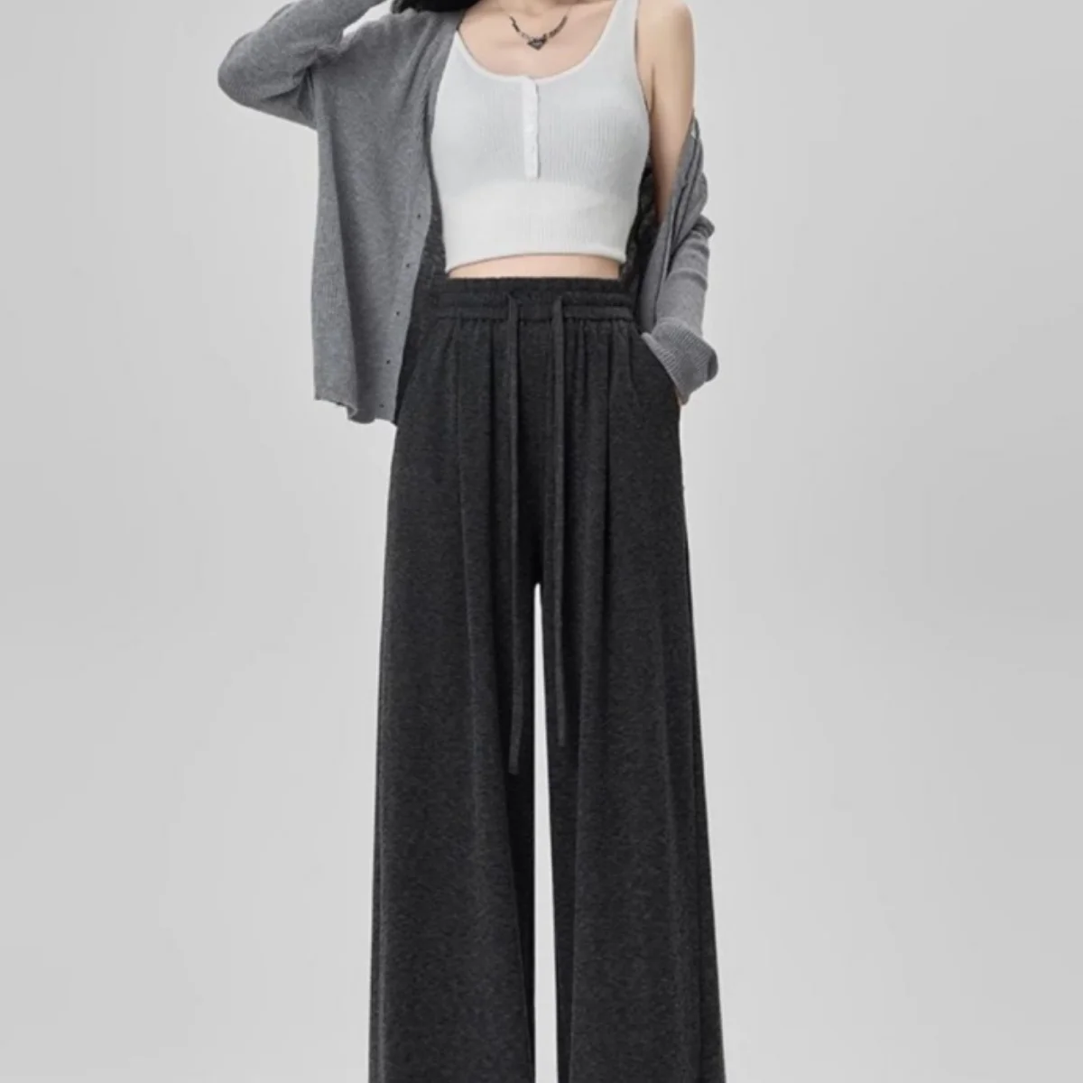 

Ladies' Casual Wide Leg Pants Draping Elastic Waisted Lace Up Solid Loose Straight Spring Autumn Trendy Office Women's Trousers