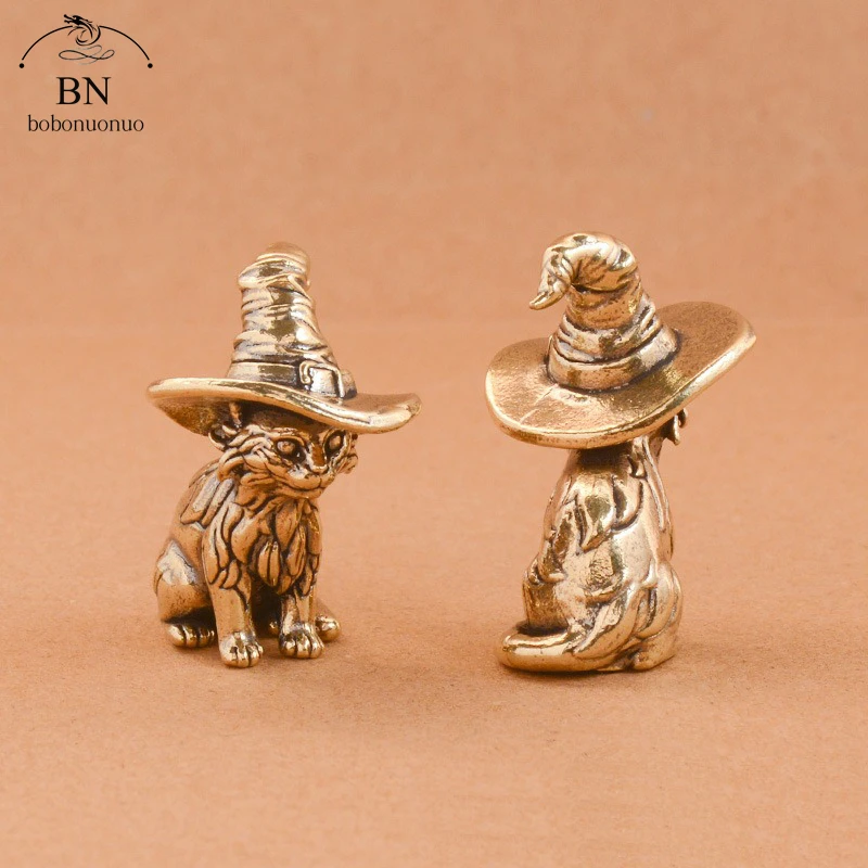 Cute sorcerer Cat Small Statue Creative Solid Brass Childish Animal Kitten Miniature Figurine Ornaments Retro Home Decors - view 3