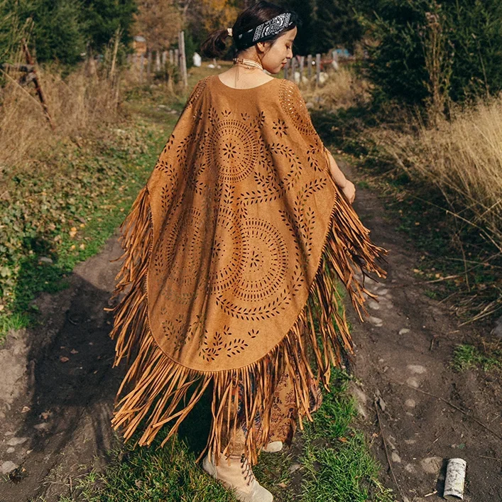 Fringe Camel Suede Shawl Jacket Women Cloak Coat Vintage Floral Lace Hollow Out Capes Autumn Bohemian cardigan Boho Robe Ponchos