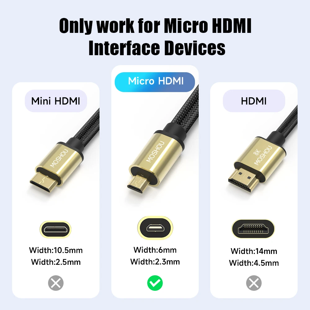 Micro HDMI to HDMI-compatible Cable 2.1 3D 8k 1080P High Speed Cable Adapter for GoPro Hero 7 6 5 Sony A6000 Nikon Canon Camera