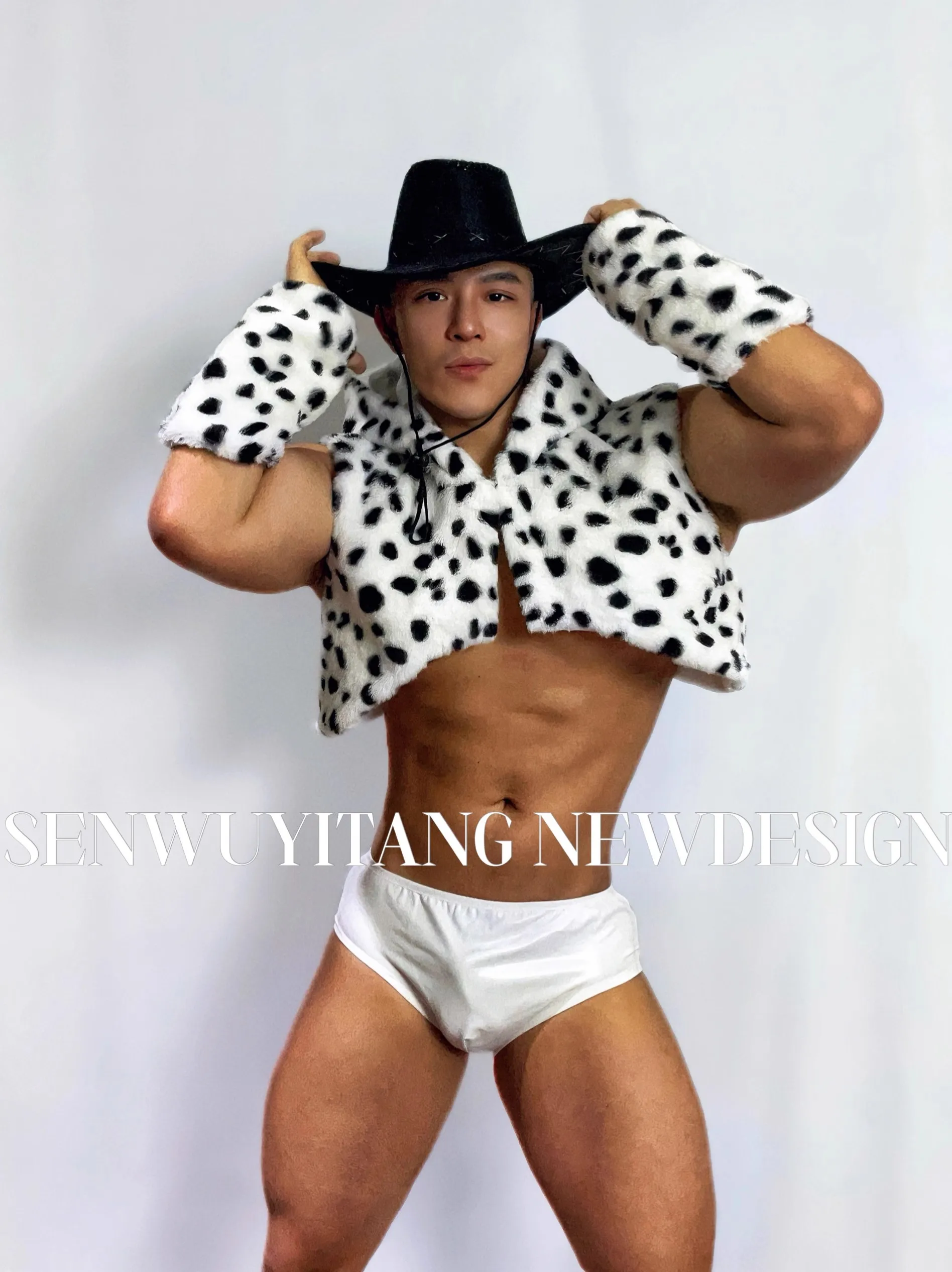 Sexy Men Women DS Party Cow Faux Fur Coat Performance Costume Singer Dance Stage Touring Interactive Western Cowboy Stage Wear