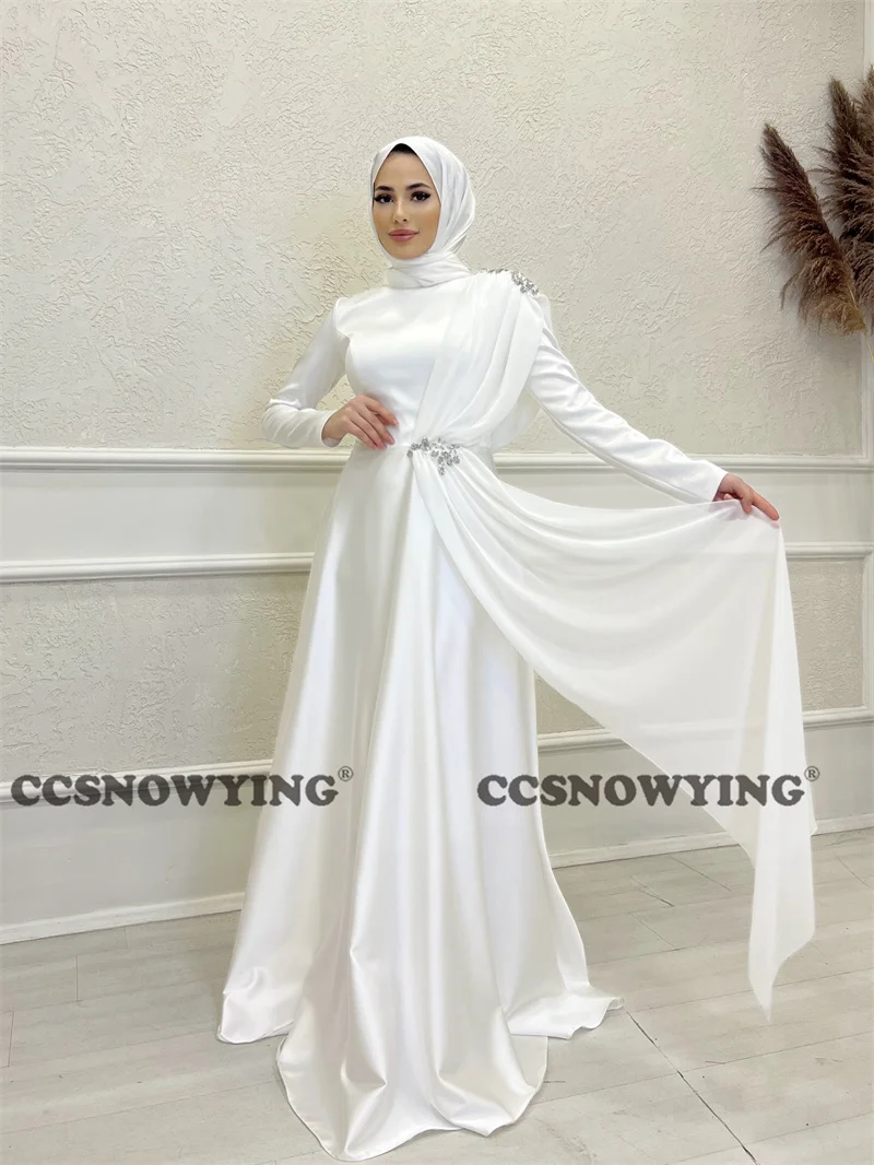 Satin Applikationen Perlen Langarm Muslimischen Abendkleider Islamischen Formale Party Kleid Frauen Hijab Arabisch Dubai Roben De Soirée