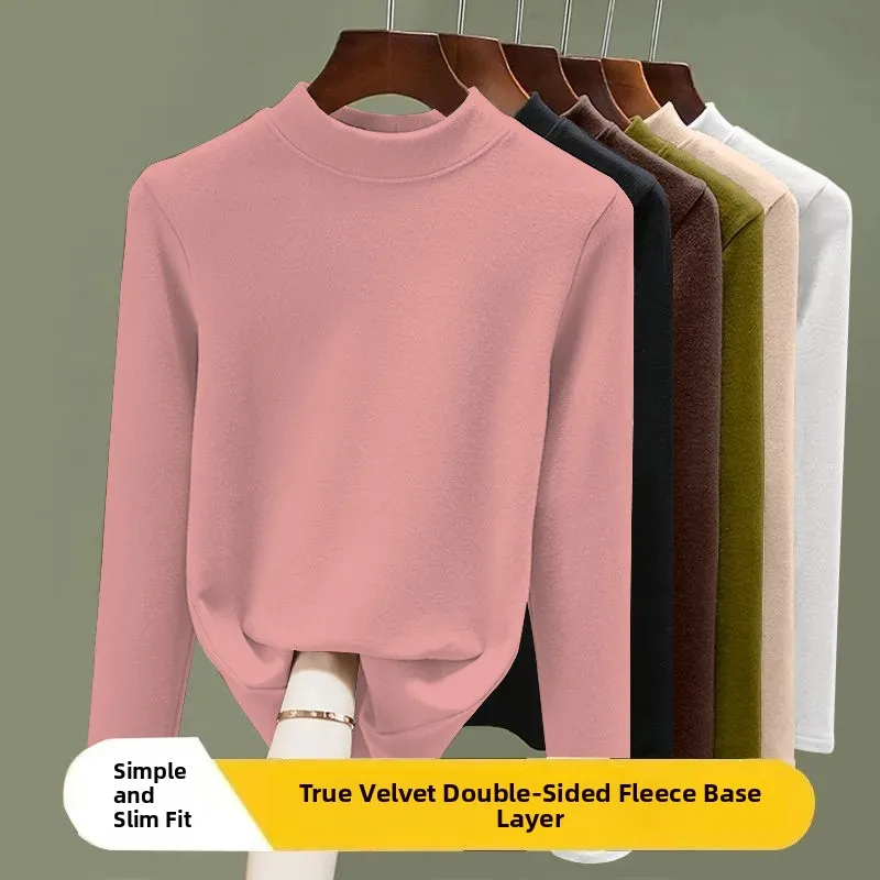 Women's Slim Fit Self-Heating Half High Collar Double Sided Velvet Base Shirt Korean Style Commute Fashion Winter Long Sleeve