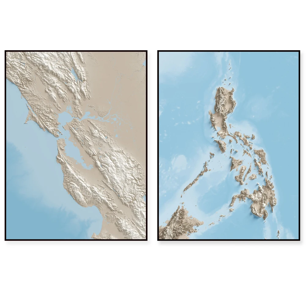 Topographic Map Posters Set - Sardinia France Cyprus Haida Gwaii (British Columbia) California Bay Area Greece - Wall Art Decor