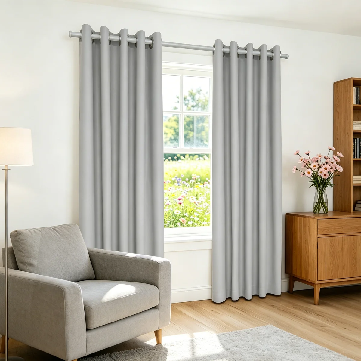Gray High Density Blackout Curtains, Eyelet Punch Hole Solid Window Drapes for Bedroom Living Room Minimalist Home Decor