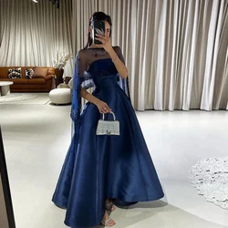 Boat Neck Satin A-Line Blue Tea Length Half Sleeves Evening Dress Elegant Formal Lace Pleats Saudi Arabia Prom Gowns 2024 ladies