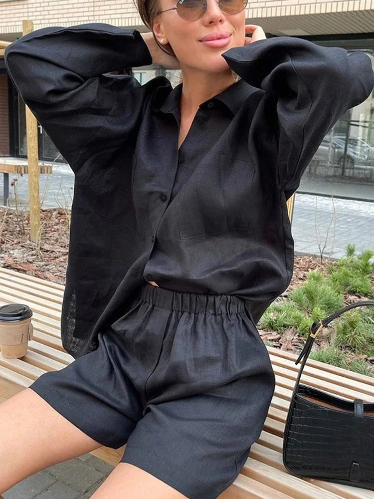 Black Women\'s Summer Suit Shirt and Shorts Loose Cotton Linen Suit Long Sleeve Top Oversize Two-piece Set for Women Outfits 2024