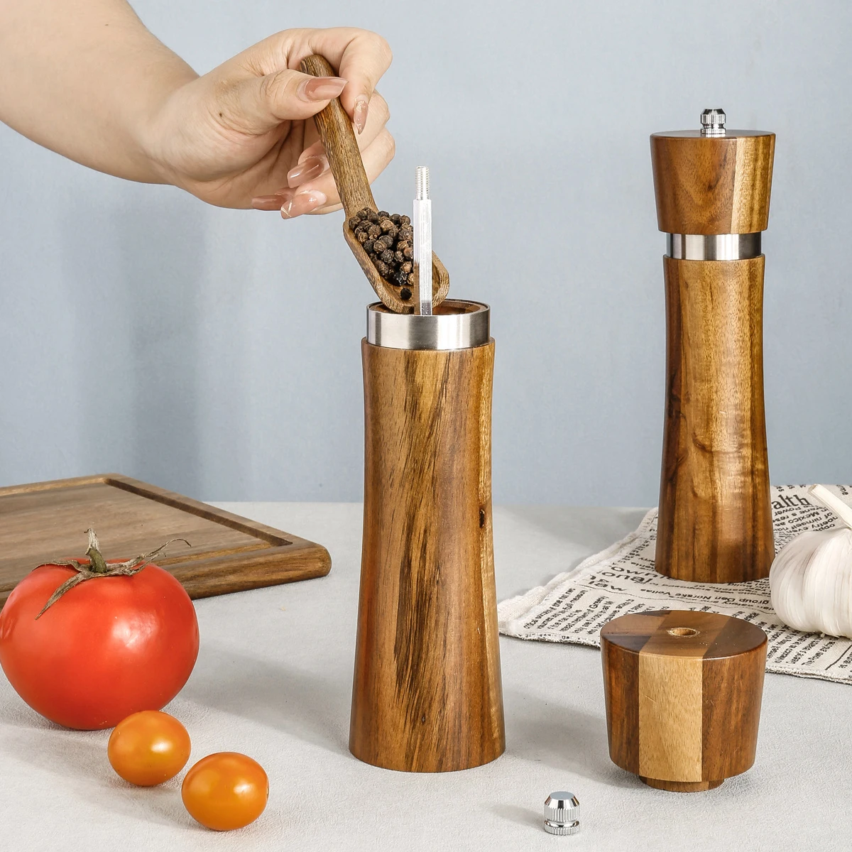 1PC-Pepper Grinder Acacia Wood Manual Solid Wood Stainless Steel Ring Pepper Mill Sea Salt Seasoning Bottle
