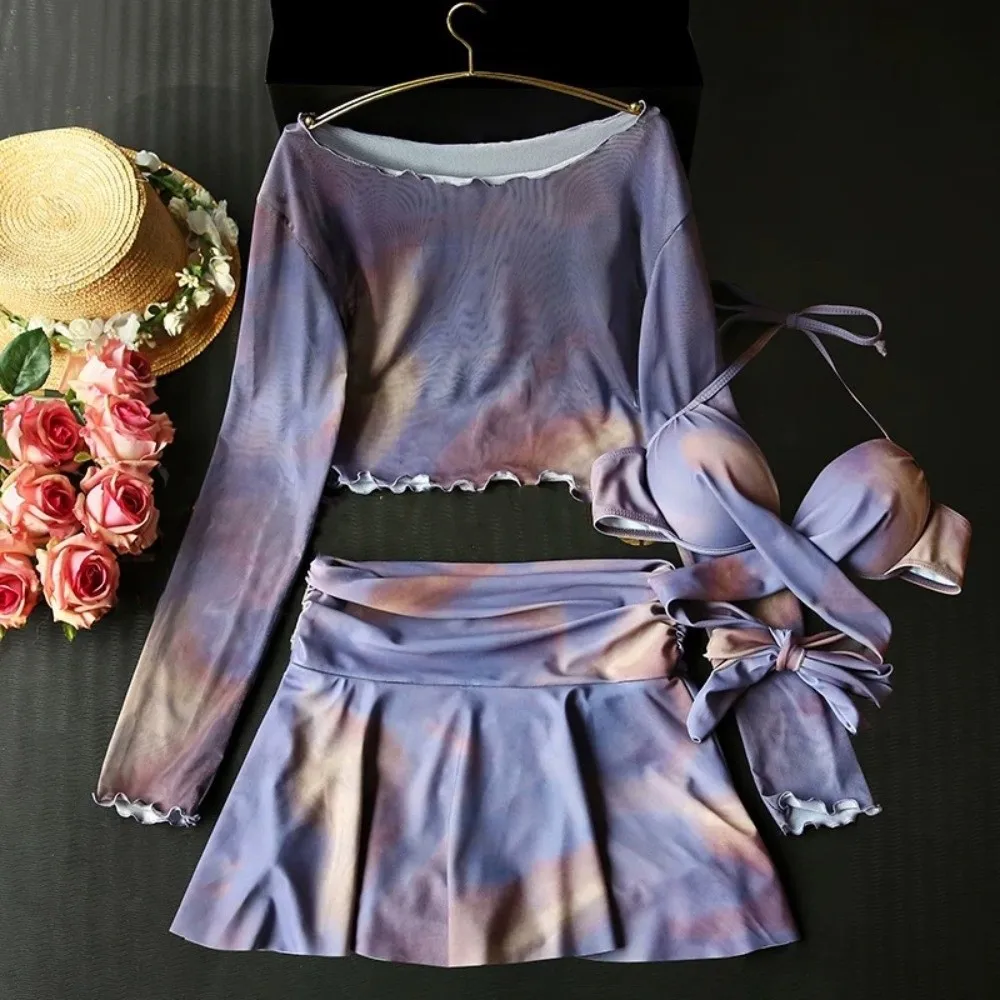 Sweet Tie-dye 3 in 1 Swimwear Set Sun Protection Beachwear Long Sleeve Swimsuit camisole Purple Bikini Bathing Suit Ladies