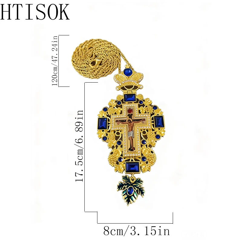 Elegant Gold Plated Orthodox Pectoral Cross Necklace Blue Crystal Inlay Crucifix for Clergy Wear Religious Festival Gift Decor