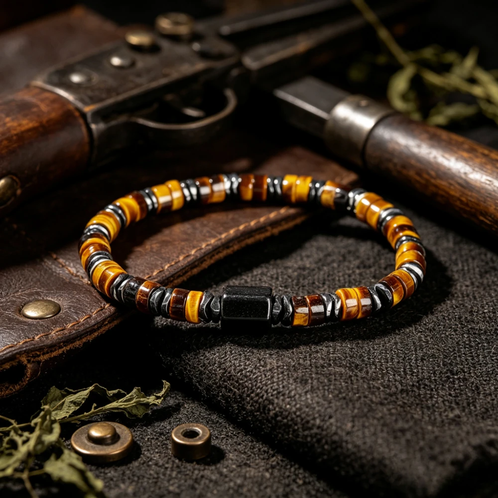 1pc Tiger Eye Stone Beaded Bracelet, Courage Stone Vision and Power, Natural Cat Eye Stone Elastic Men's Jewelry Adventure Gift