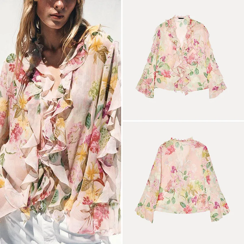 

2025 Summer New Faion Women's Long Sve irt Floral Print Layered Decoration Polyester Fiber 00% Ele Aosphere