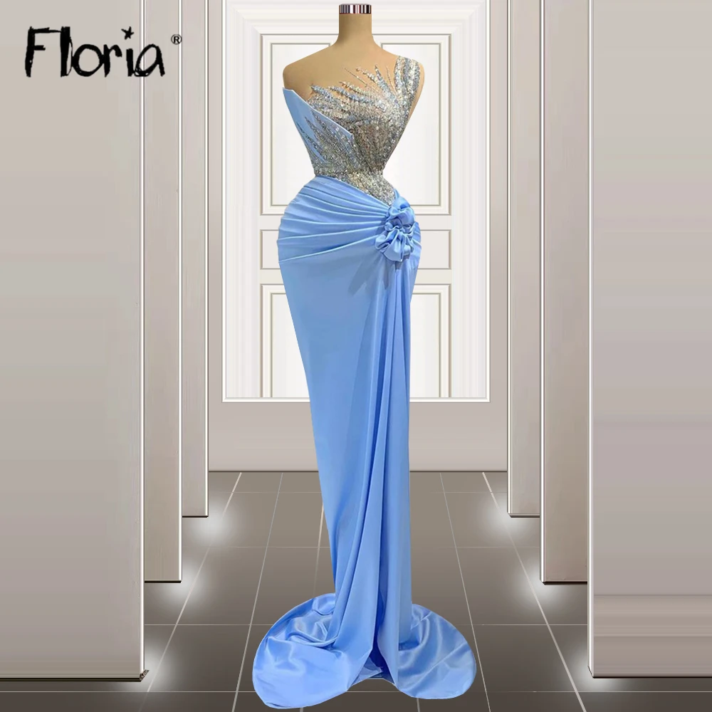 Vestidos de baile de formatura azul bonito completo frisado superior vestidos de noite feitos sob encomenda trajes formais árabes vestidos de celebridade vestidos de cocktail