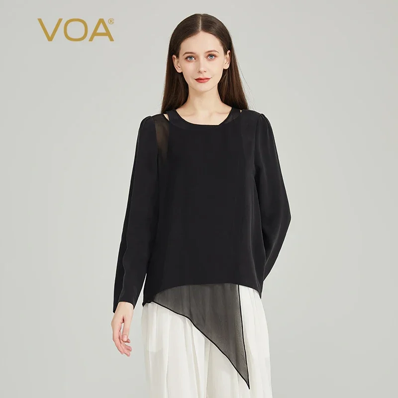 

(Fans Exclusive Discount) VOA Silk Black O-neck Long Sleeve Contrast Georgi Loose-leaf Straight Barrel Fashion T-shirt BE1385