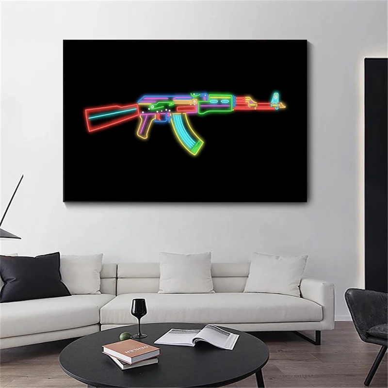 Ak47 Neon Effect Poster Print Abstract Colorful Gun AK Assault Rifle Canvas Painting Wall Art Picture for Living Room Home Decor