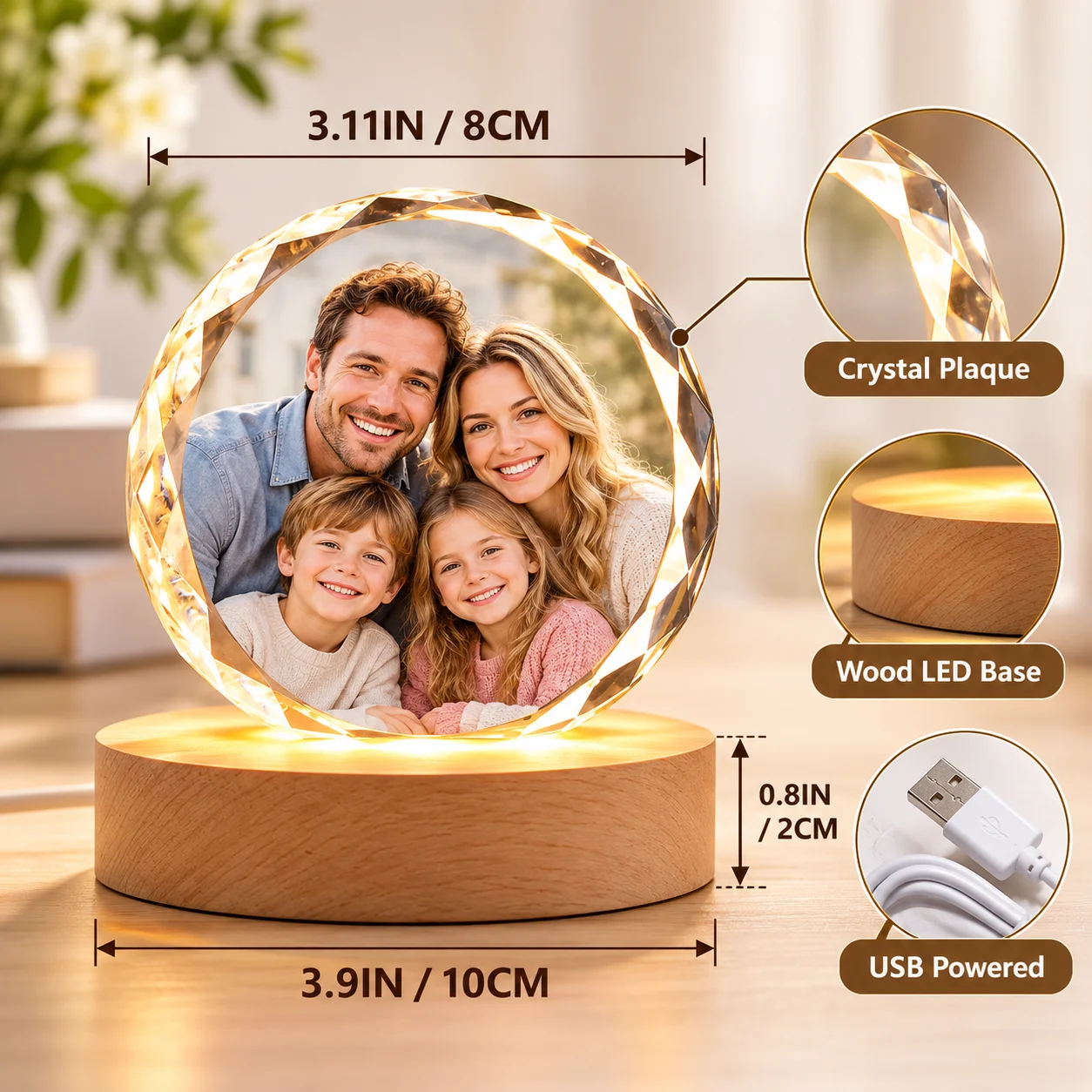 Custom Crystal Photo Lamp Personalized LED Night Light Warm Wood Base UV Printed Decoration Gift for Family Couple Pet Memory Ke
