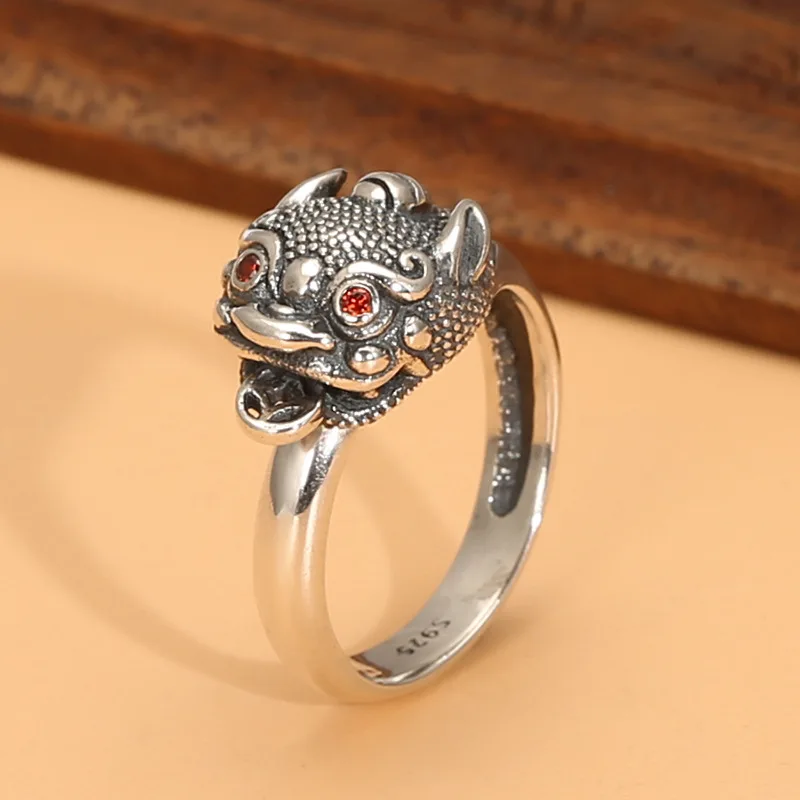 

S925 sterling silver thai silver fashion jewelry ring stylish inlaid pixiu men's and women's ring opening